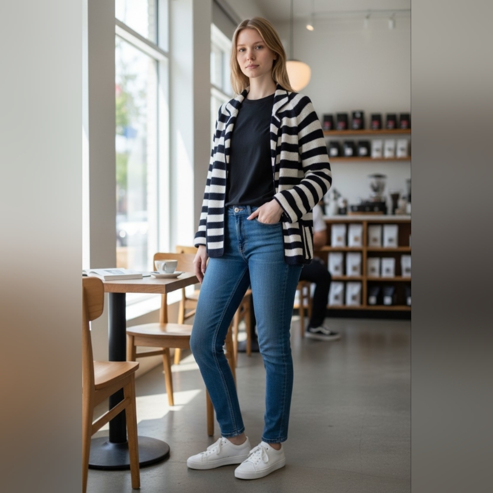 Salvatore Ferragamo Navy and White Sweater Striped Cardigan Beautiful Clean Lg